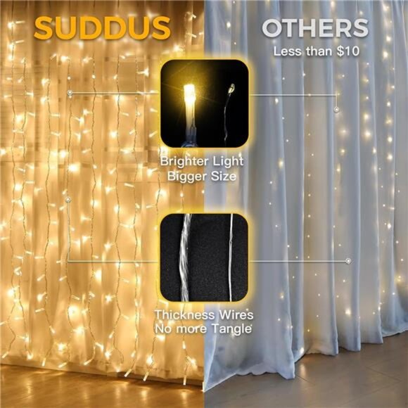 suddus Curtain Lights for Bedroom, 200 Led Hanging String Light Outdoor, Fairy - Picture 6 of 7